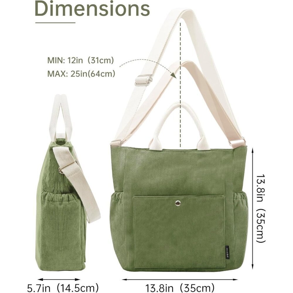 Prite Women Green Corduroy Large Hobo Shoulder Crossbody Tote Bag With Pockets - Picture 3 of 6